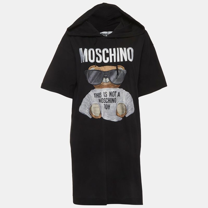 Moschino Couture Black Teddy Embroidered Cotton Hooded Dress M